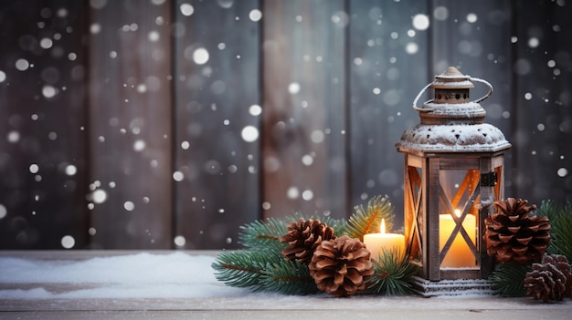 Decoración navideña con velas de nieve pino linterna