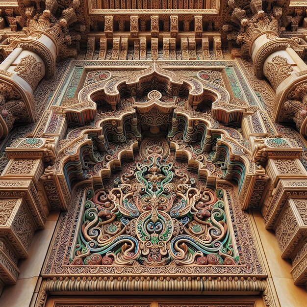 La decoración ornamentada adorna el antiguo edificio de estilo árabe generado por la IA