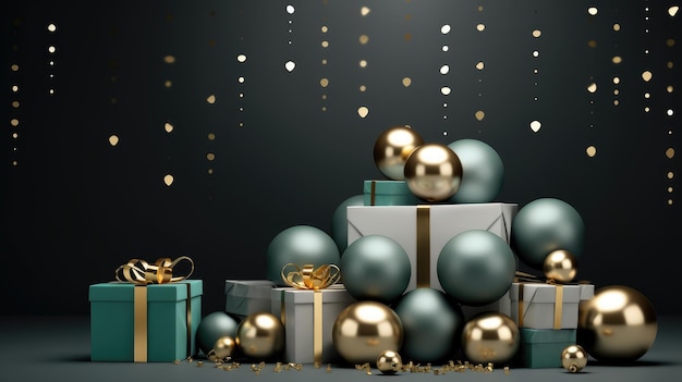 Decoración y ornamento de set navideño con regalos y bolas en un fondo verde aislado creado con tecnología de IA generativa