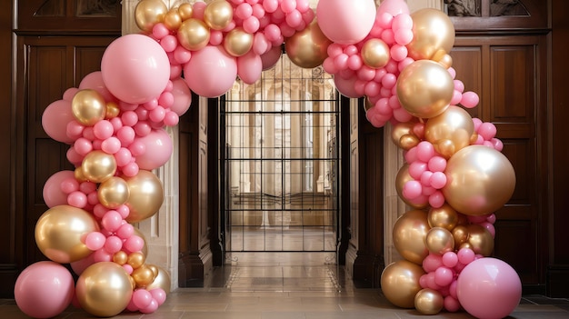 Decoración de oro y globos rosados