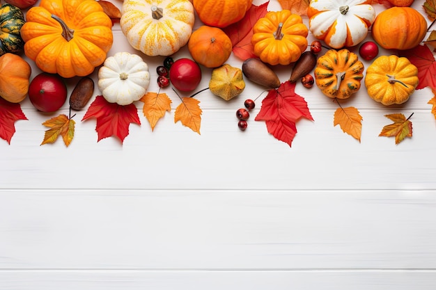 Decoración otoñal con temática de Acción de Gracias o Halloween con calabazas, bayas y hojas sobre un bac de madera blanca