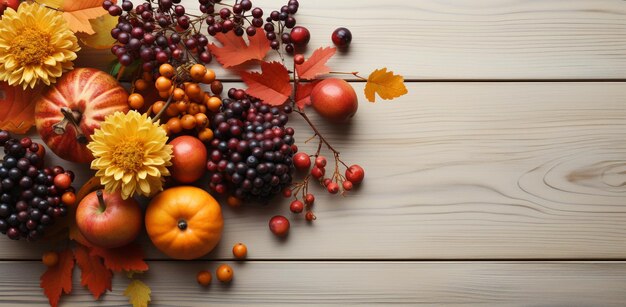 Decoración de otoño de Acción de Gracias de bayas de calabaza y hojas en una madera con espacio de copia