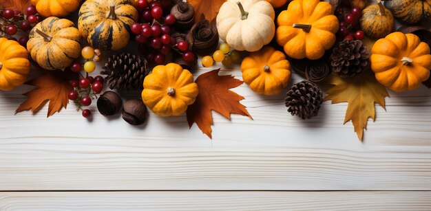 Decoración de otoño de Acción de Gracias de bayas de calabaza y hojas en una madera con espacio de copia