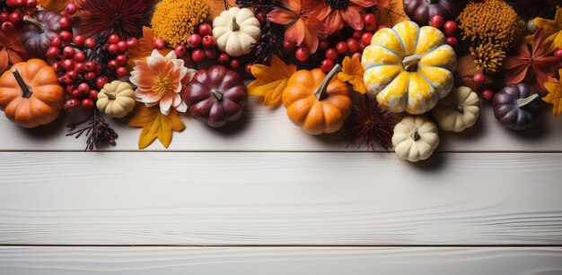 Decoración de otoño de Acción de Gracias de bayas de calabaza y hojas en una madera con espacio de copia