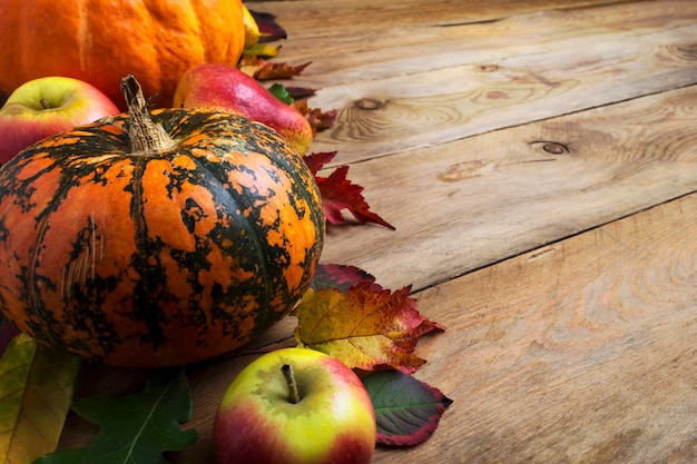 Foto decoración de otoño con calabaza, manzanas, espacio de copia.