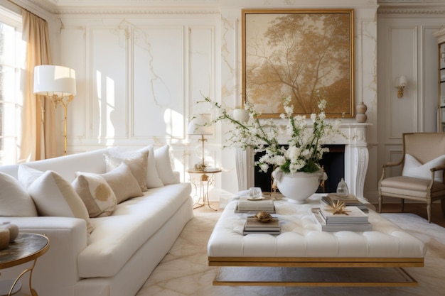 Decoración de otoño en casa blanca y dorada. Flores en un jarrón sobre la mesa junto al sofá de lujo. Decoración elegante para el hogar. Ilustración generativa de IA.