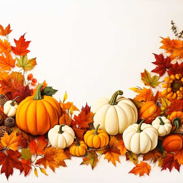 Decoración de otoño festiva de bayas y hojas de calabazas sobre un fondo de madera blanca generada por Ai