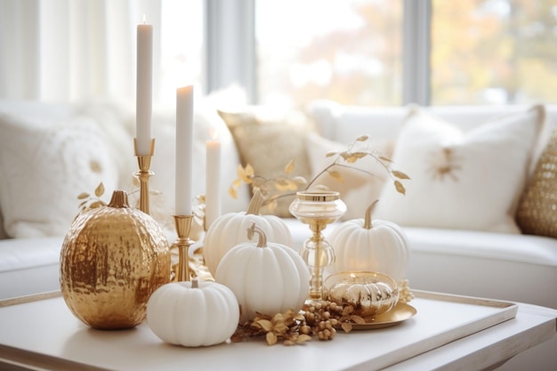 Decoración de otoño para el hogar blanca y dorada Flores en un jarrón en la mesa al lado del sofá de lujo Decoración elegante para el hogar Ilustración generativa de IA