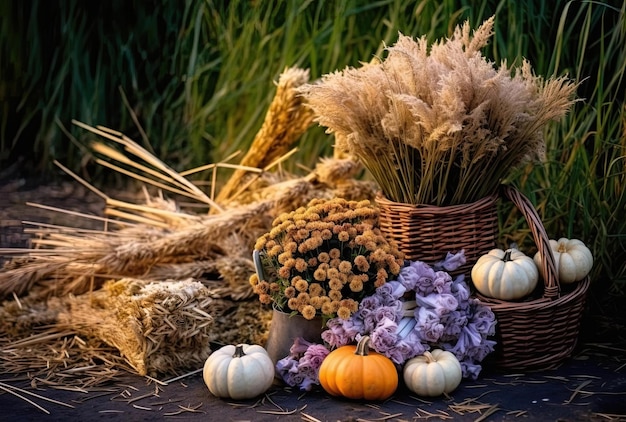 Decoración de otoño con verduras y flores en pajares secos