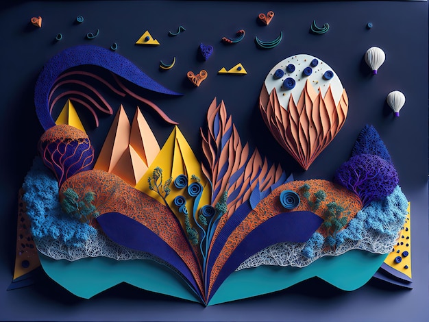 Decoración de paisaje de corte de papel realista abstracto texturizado con capas onduladas de cartón