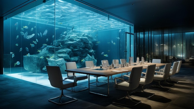 Decoración de pared de acuario, imagen de mesa de reuniones de hotel, arte generado por IA