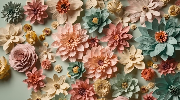 Una decoración de pared hecha a mano con pequeñas flores de papel en colores pastel generada por IA