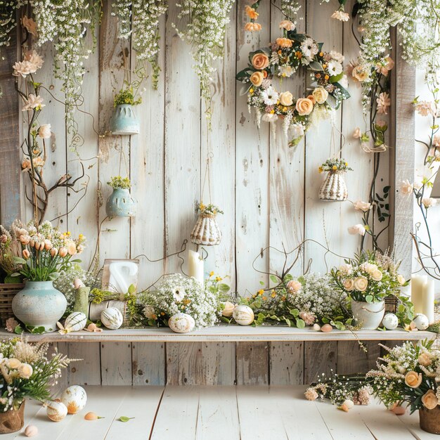 decoración de pared para la primavera decoración de Pascua corona de Pascua con elementos decorativos en fondo de madera