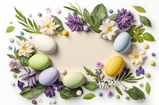 Decoración de Pascua Composición de Pascua con huevos de colores y flores sobre fondo blanco IA generativa