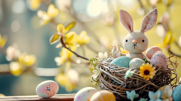 Decoración de Pascua con conejo de Pascua artesanal en el nido soleado