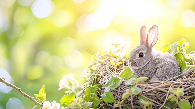 Decoración de Pascua con conejo de Pascua artesanal en el nido soleado