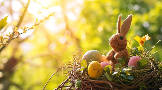 Decoración de Pascua con conejo de Pascua artesanal en el nido soleado