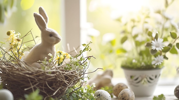 Decoración de Pascua con conejo de Pascua artesanal en el nido soleado