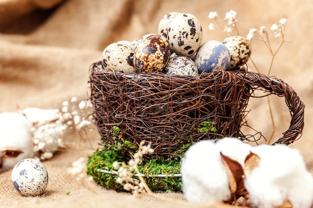 Decoración de Pascua con huevo en nido y algodón sobre mesa de lienzo de lino rústico marrón