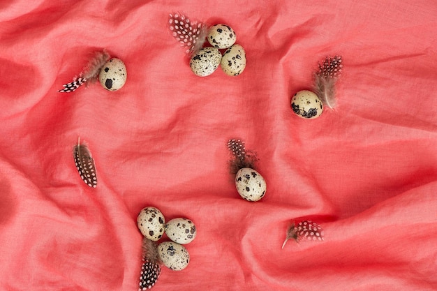 Decoración de Pascua huevos de codorniz y plumas sobre fondo textil rosa