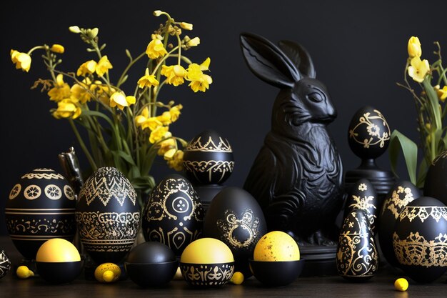 Decoración de Pascua con huevos dorados negros pintados y flores amarillas