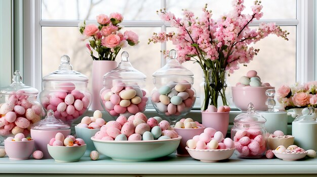 Decoración de Pascua con huevos de menta y flores rosadas pintadas