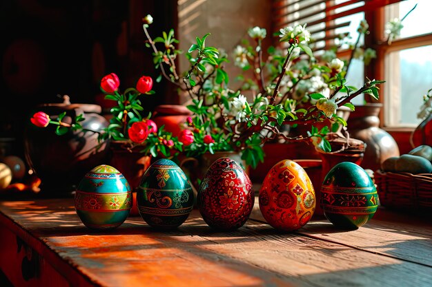 Decoración de Pascua en una mesa de madera en la cocina