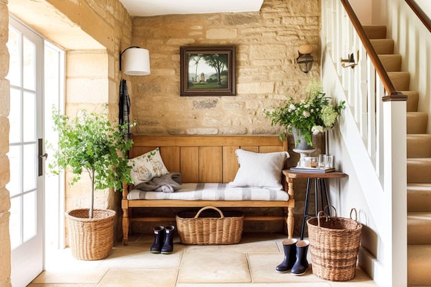 Decoración del pasillo de la cabaña, diseño de interiores y mejora de la casa, muebles de entrada acogedores, escalera y decoración del hogar del vestíbulo de entrada en una casa de campo inglesa, ai generativo