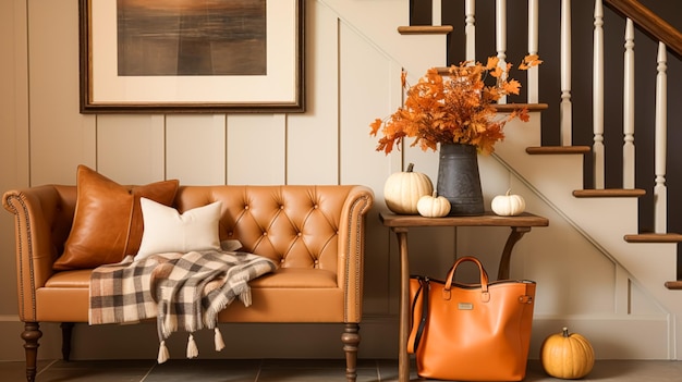 Foto decoración de pasillo otoñal, diseño de interiores y decoración de la casa, acogedor mobiliario de entrada de otoño, escalera y decoración del hogar en un estilo de casa de campo y casa de campo inglesa