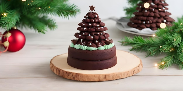 Decoración de pastel de árbol de Navidad de menta minimalista en la mesa de madera