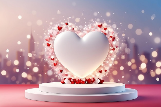 Decoración del podio de corazón blanco con escena bokeh borroso fondo del día de San Valentín Ilustración vectorial