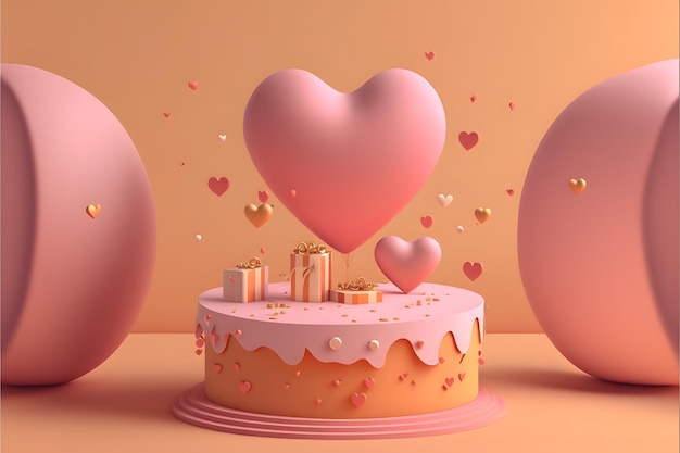 Decoración de podio de feliz día de san valentín con globo en forma de corazón, caja de regalo, confeti, representación 3D