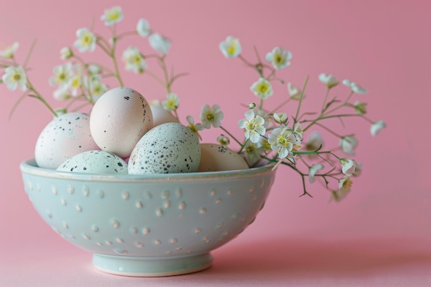 Decoración de primavera con huevos y flores pastel