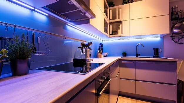 decoración que muestra cocina moderna y armarios de lujo con luz de franja ligera en Generative Ai