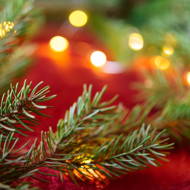 Decoración de rama de árbol de Navidad. Luces, bolas de Navidad. copie el espacio