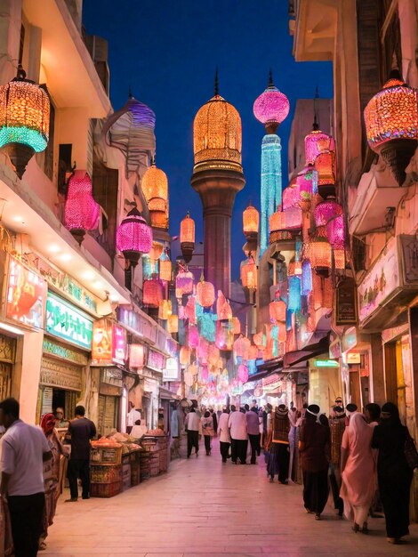 Foto decoración de ramadan kareem en la vista de la calle