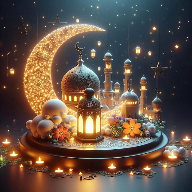 Decoración de Ramadán con linterna árabe y vela en la noche fondo 4k Ai generativo