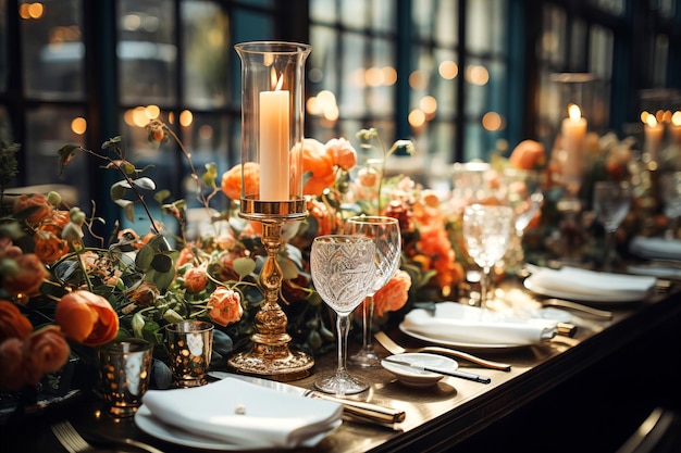 Decoración de recepción Establecimiento de la mesa servido y decorado para el banquete de bodas