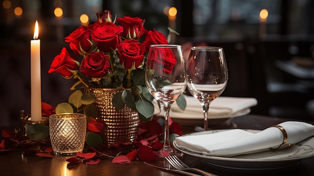 Decoración romántica de la mesa con rosas rojas en un jarrón dorado velas encendidas y vasos de vino de cristal