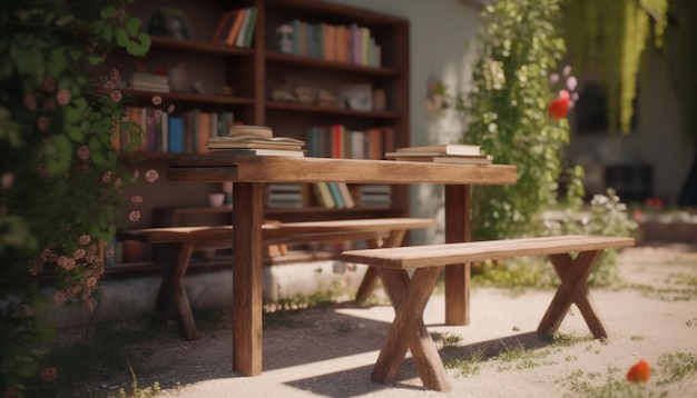 Foto decoración rústica de estanterías con literatura antigua y muebles de madera generados por ia