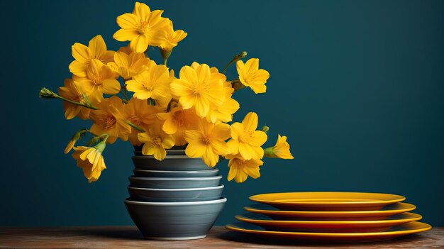 Decoración rústica del hogar con placas de cerámica amarillas y flores