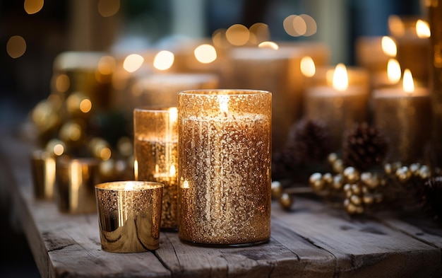 La decoración rústica de invierno realzada por una brillante vela de oro