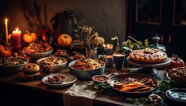 Decoración rústica de mesa de otoño con postre de calabaza generada por IA