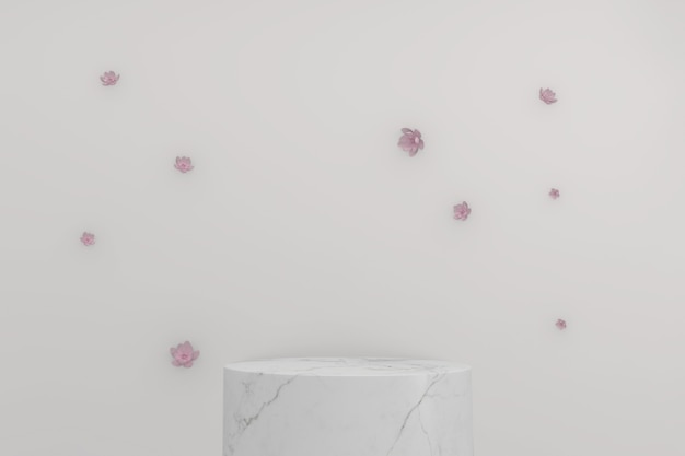 Decoración de Sakura y podio de granito blanco sobre fondo blanco.