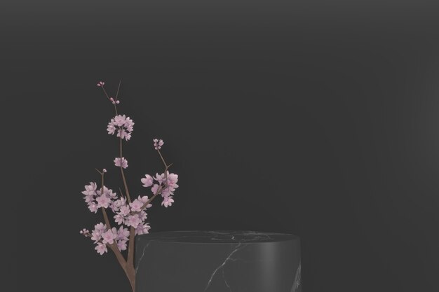 Decoración de Sakura y podio de granito negro sobre fondo negro