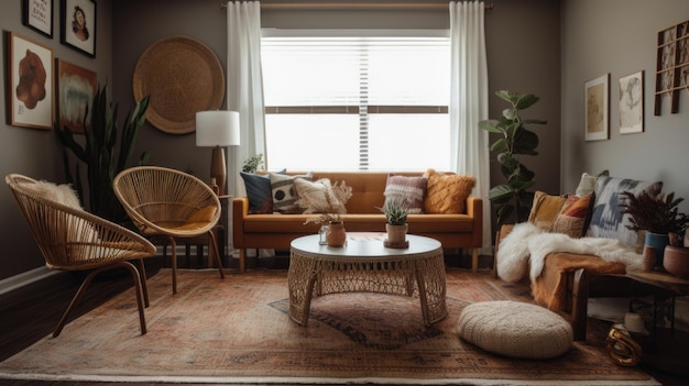 Decoración de la sala de estar diseño de interiores del hogar Estilo moderno bohemio de mediados de siglo