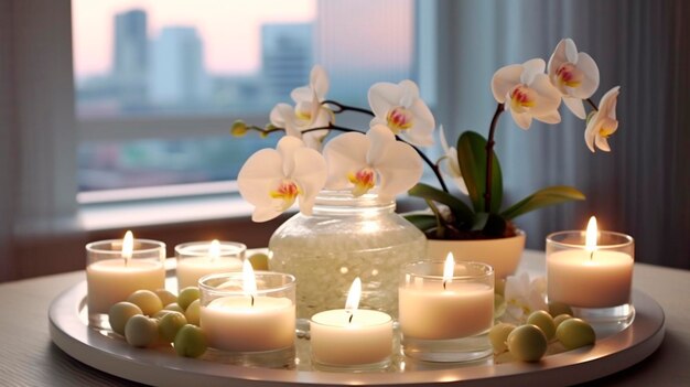 Decoración spa con velas y orquídeas IA generativa