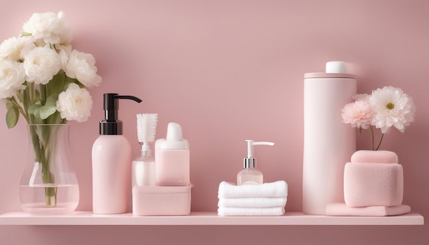 Decoración suave y ligera del baño en color rosa pastel toallas dispensador de jabón flores blancas