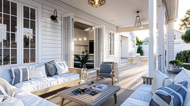 Decoración de la terraza de la cabaña costera blanca en el estilo del campo inglés con vistas al mar por la decoración de la casa costera y el diseño de interiores