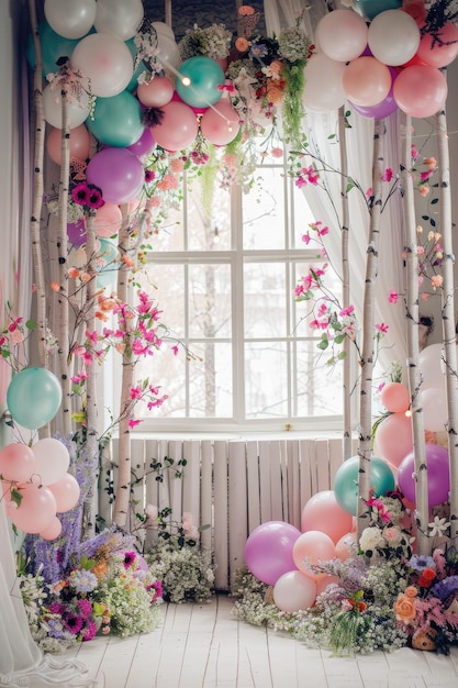 Decoración de ventana de primavera de cuento de hadas pastel con globos y abedul para el telón de fondo de cumpleaños de los niños